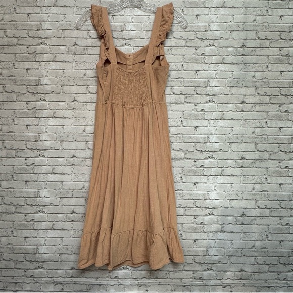 Monteau Los Angeles Small Midi Pink Dress Linen Blend Buttons Ruffles Smock Back - Picture 2 of 11